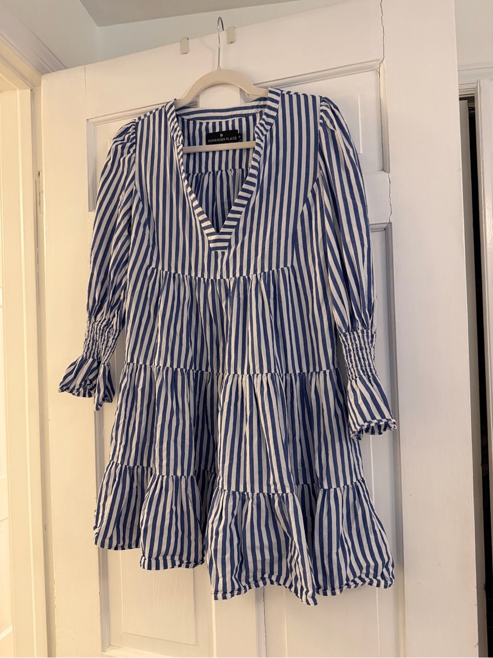 Pomander Place Blue and White Striped Tiered Mini Dress
